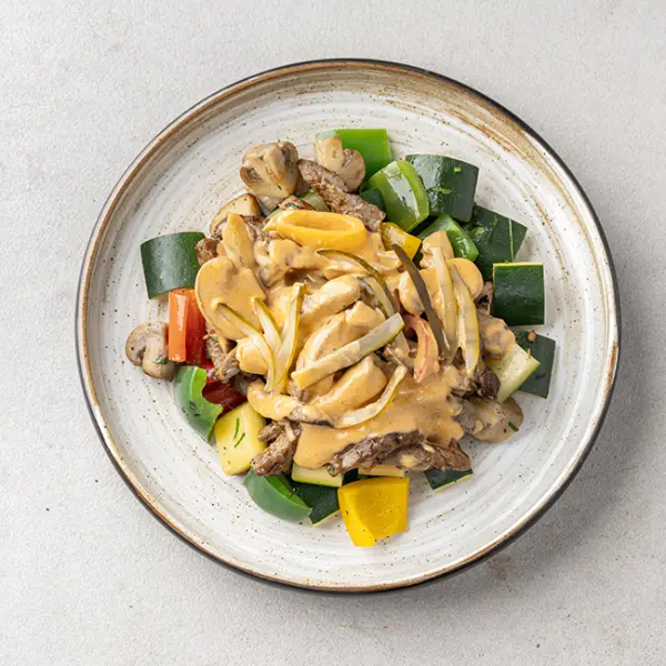 Creamy Mushroom and Beef Strips With Sauteed Vegetable